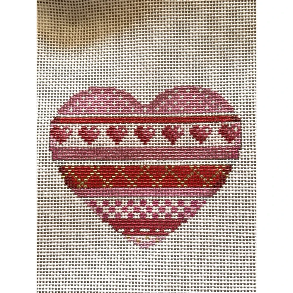 Needlepoint Canvas Handpainted Heart Pink Red Signed AT 18 Pt HE850 Wood Frame